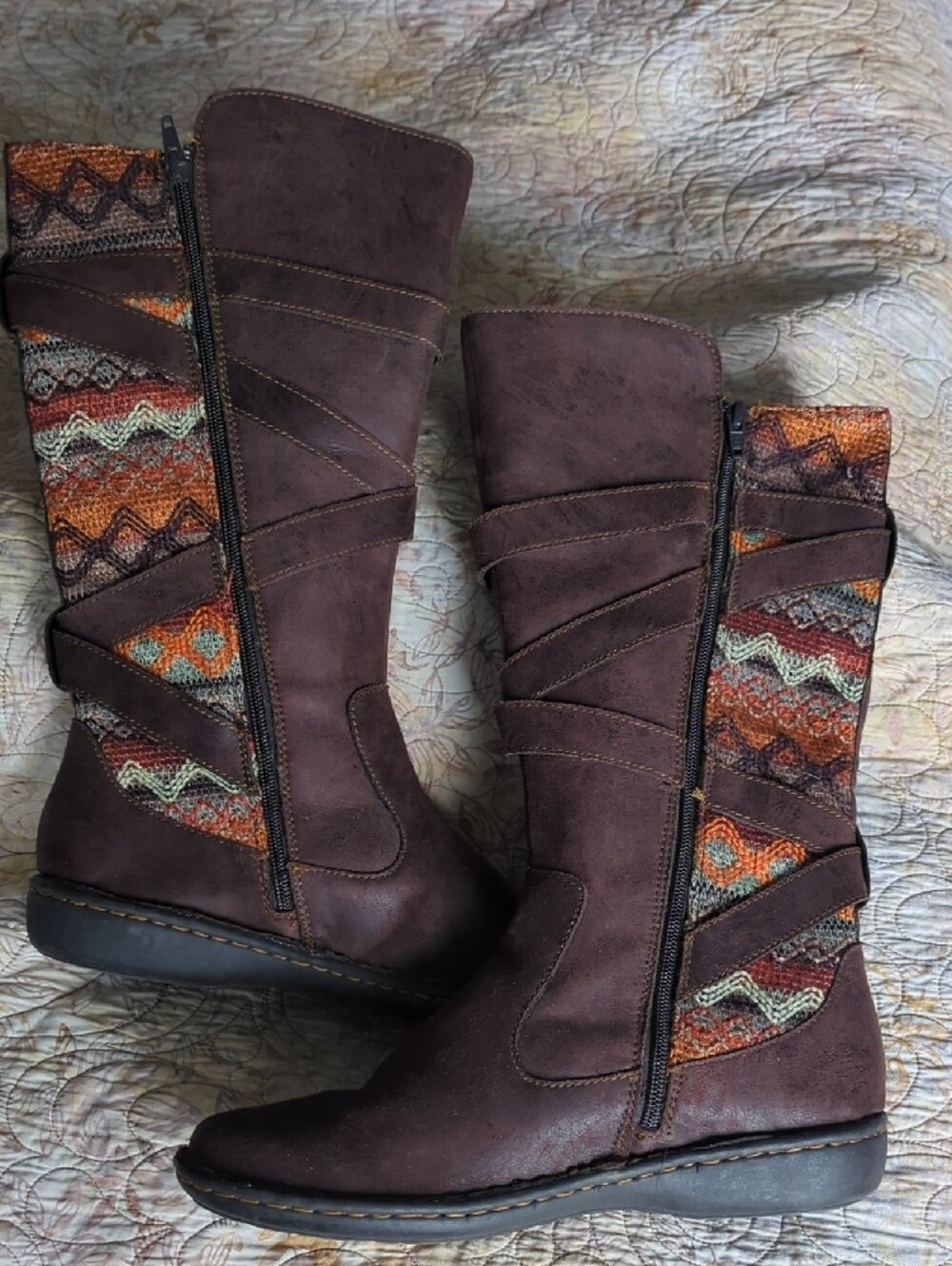B.O.C. Brown/Tapestry Zip-Up Mid-Calf Boots with Buckle Strap - Picture 5 of 7